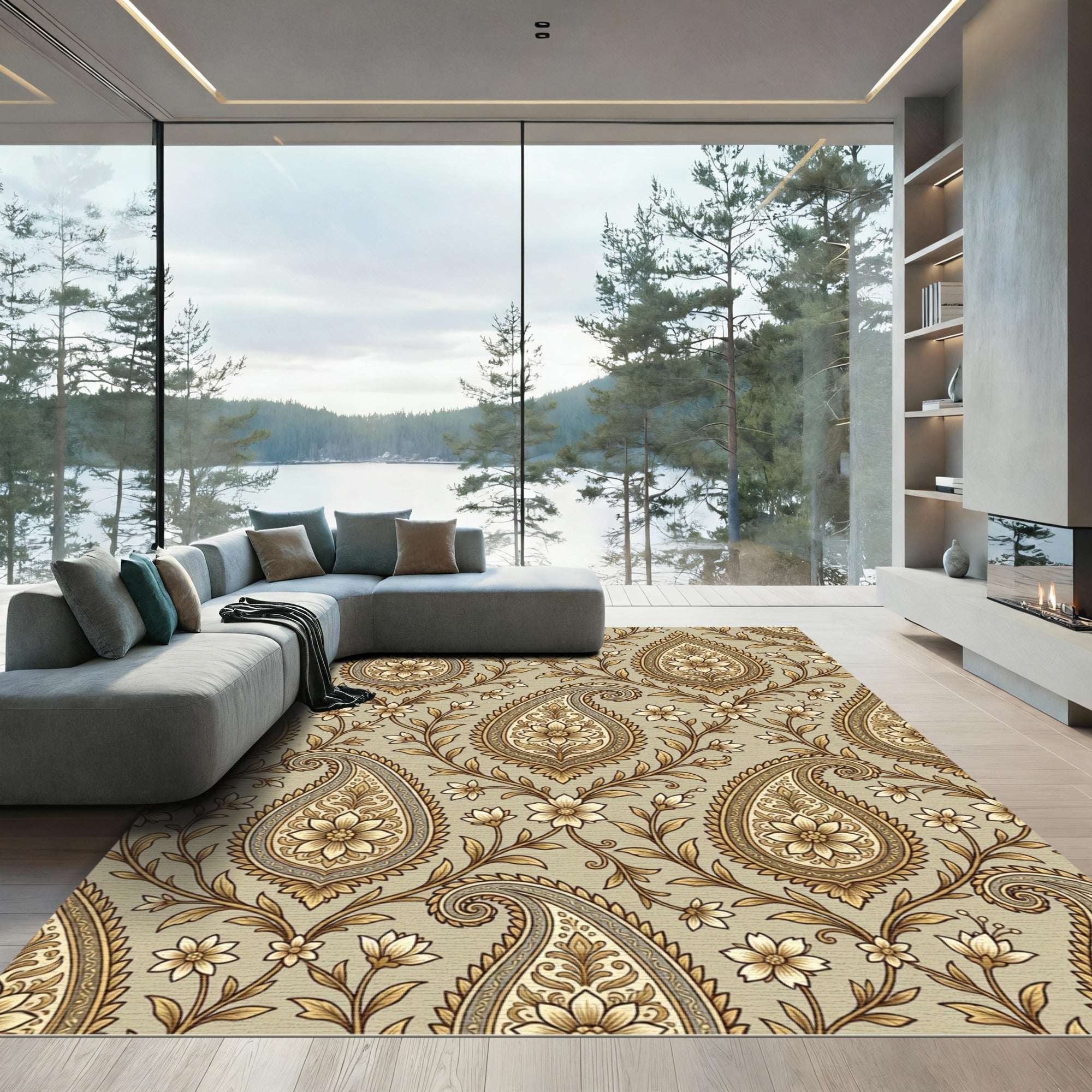 Gold Paisley Floral Vine Rug