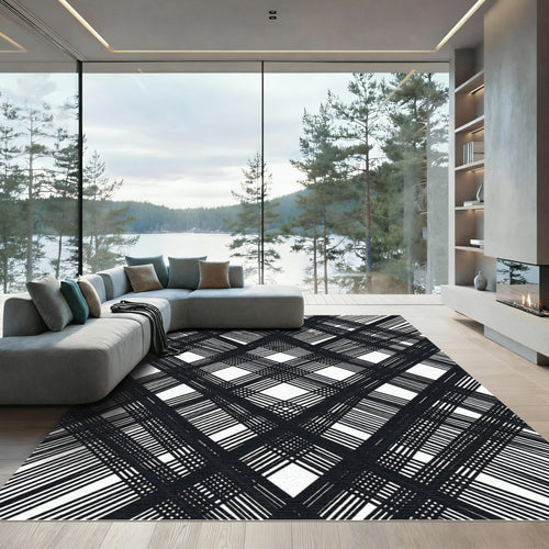 Black White Intersecting Lines Diamond Rug