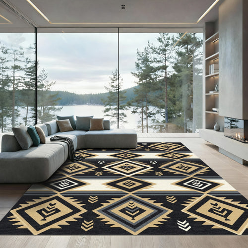 Black and Gold Geometric Chevron Rug