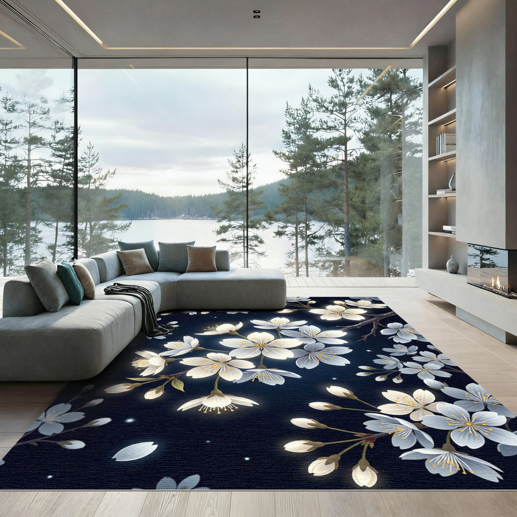 Luminous White Cherry Blossom Night Meadow Rug