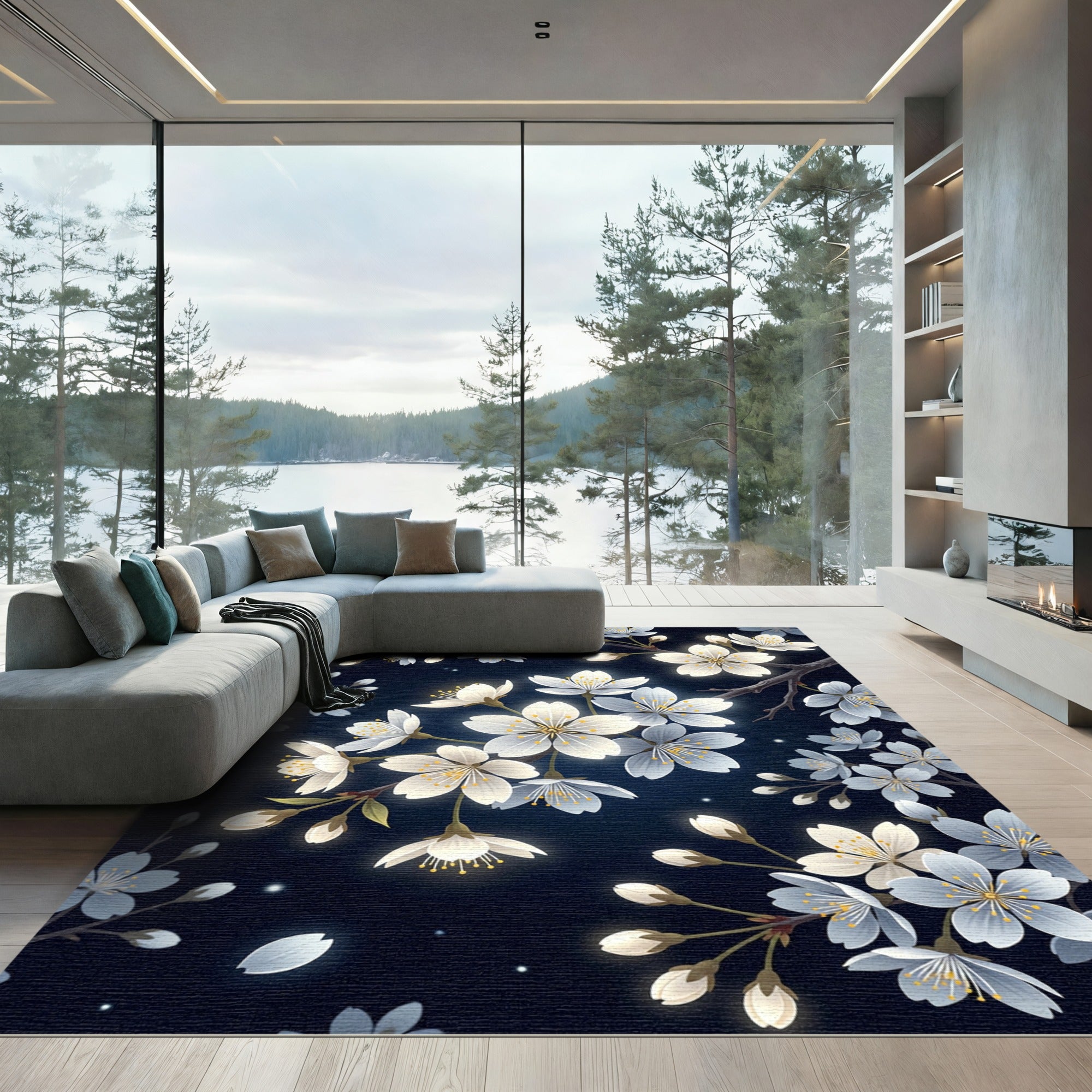 Luminous White Cherry Blossom Night Meadow Rug