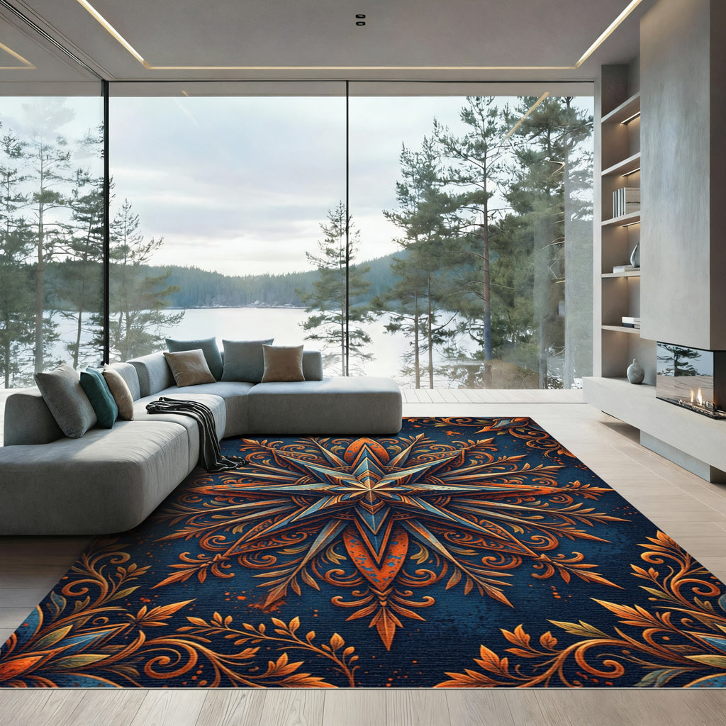 Intricate Blue Orange Star Mandala Rug