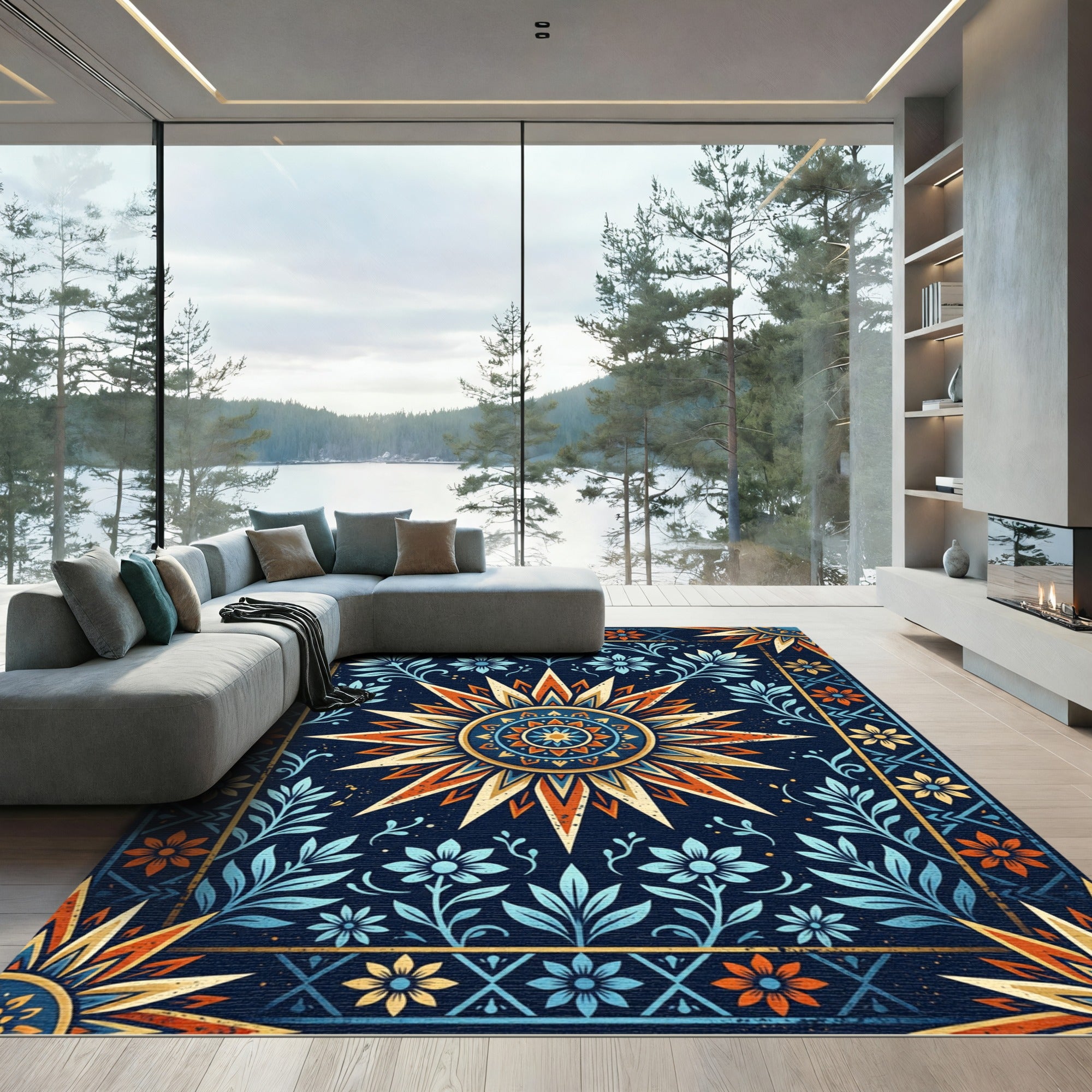 Celestial Navy Amber Floral Sun Medallion Rug