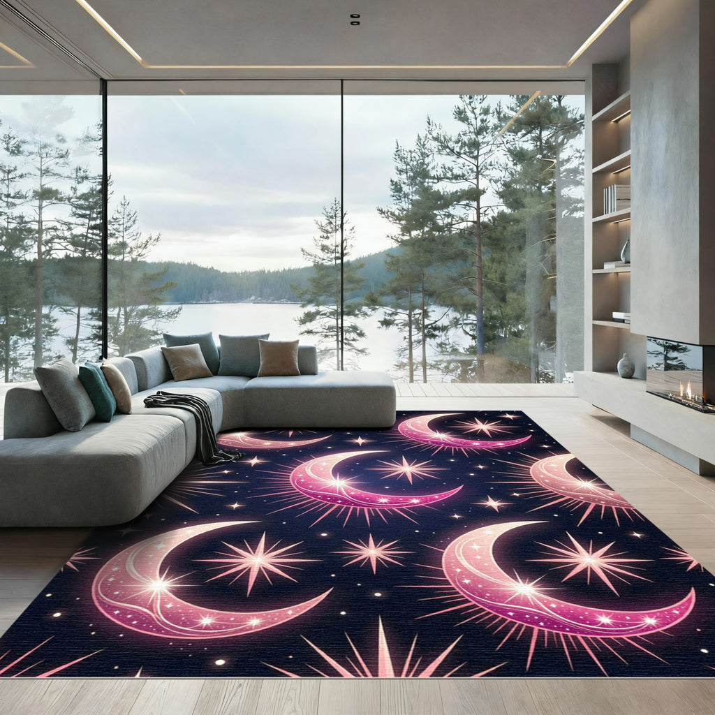 Whimsical Pink Crescent Moon Starburst Rug