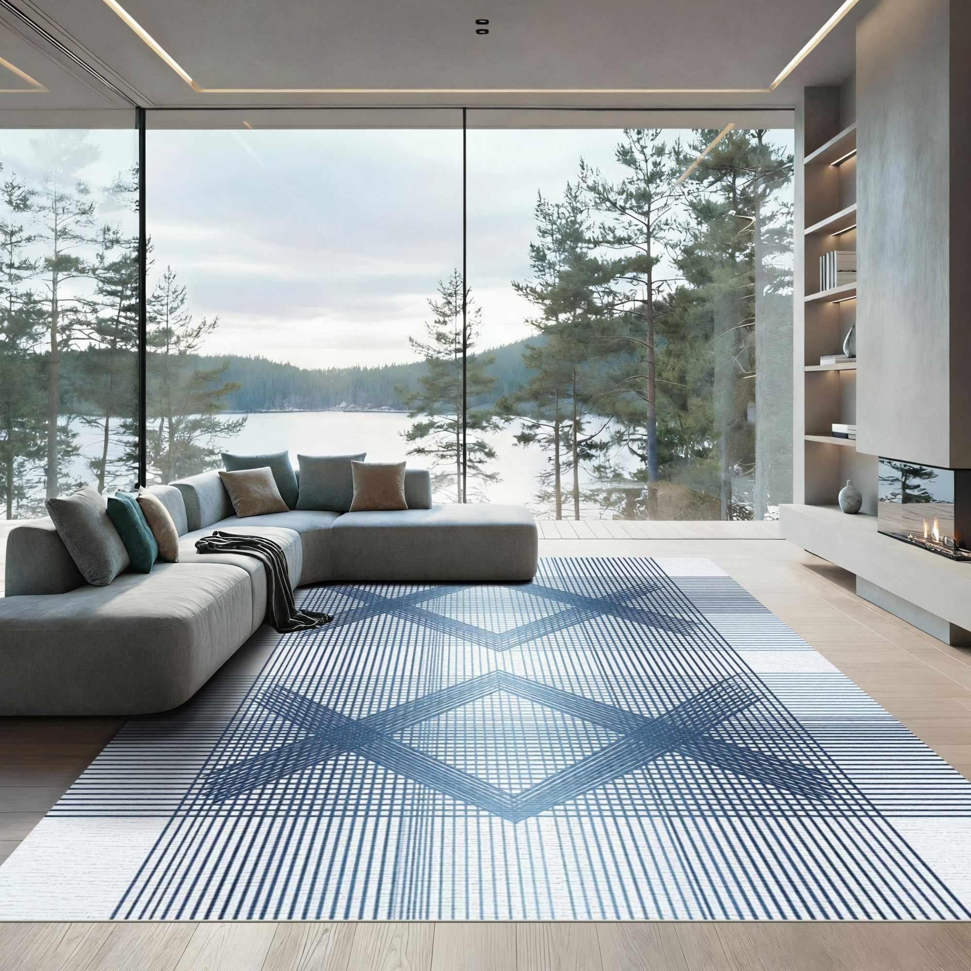 Modern Navy Blue Linear Geometric Diamond Rug