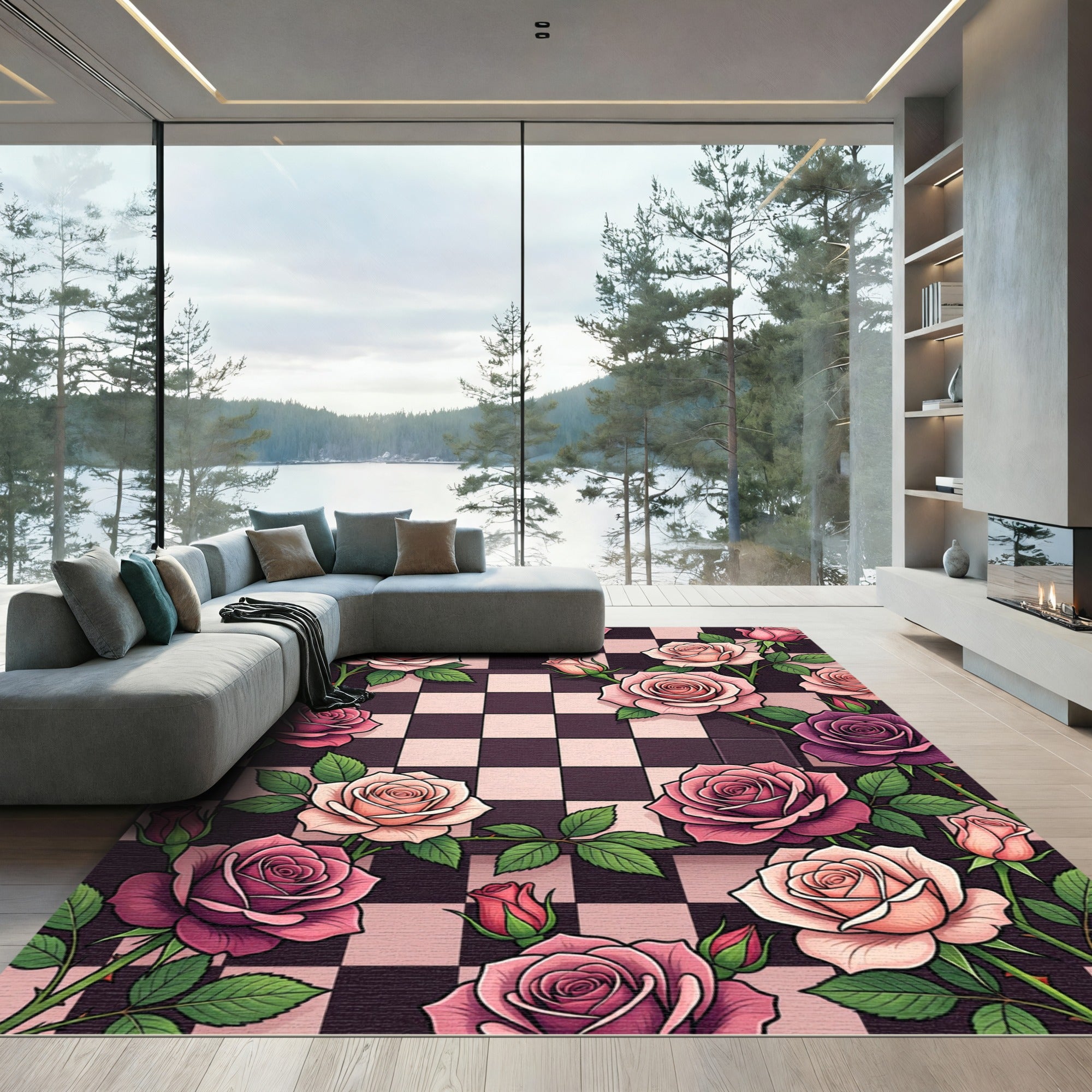 Pink Roses Checkerboard Arrangement Rug