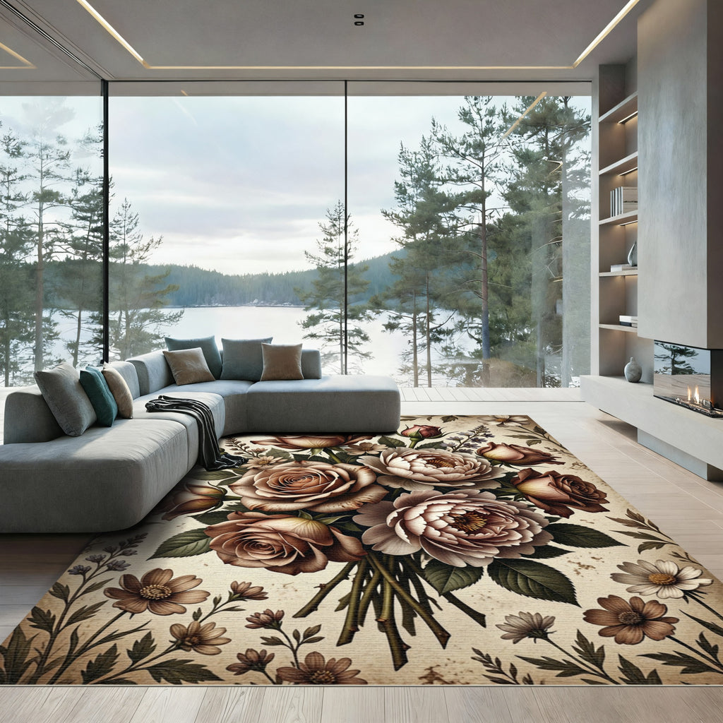Vintage Coffee Rose Blossom Bouquet Rug