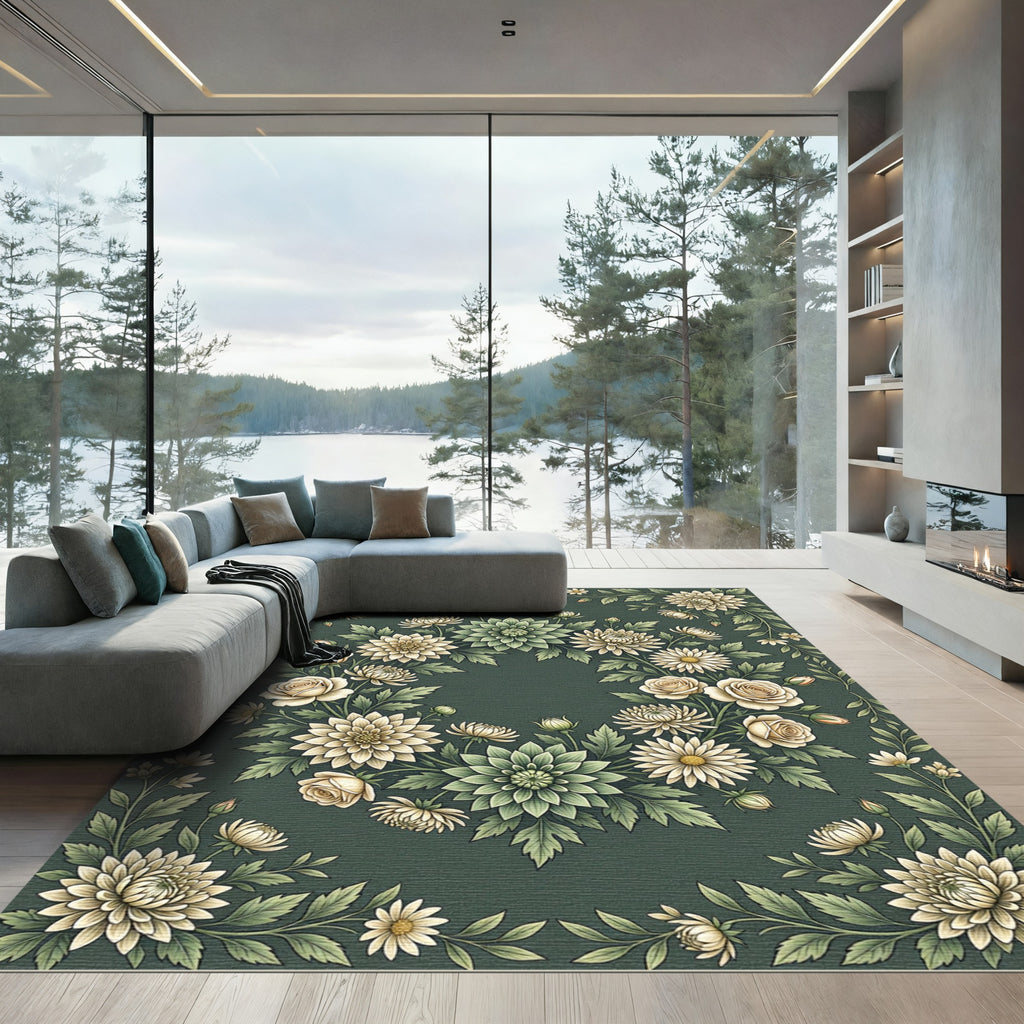 Elegant Sage Green Floral Wreath Rug