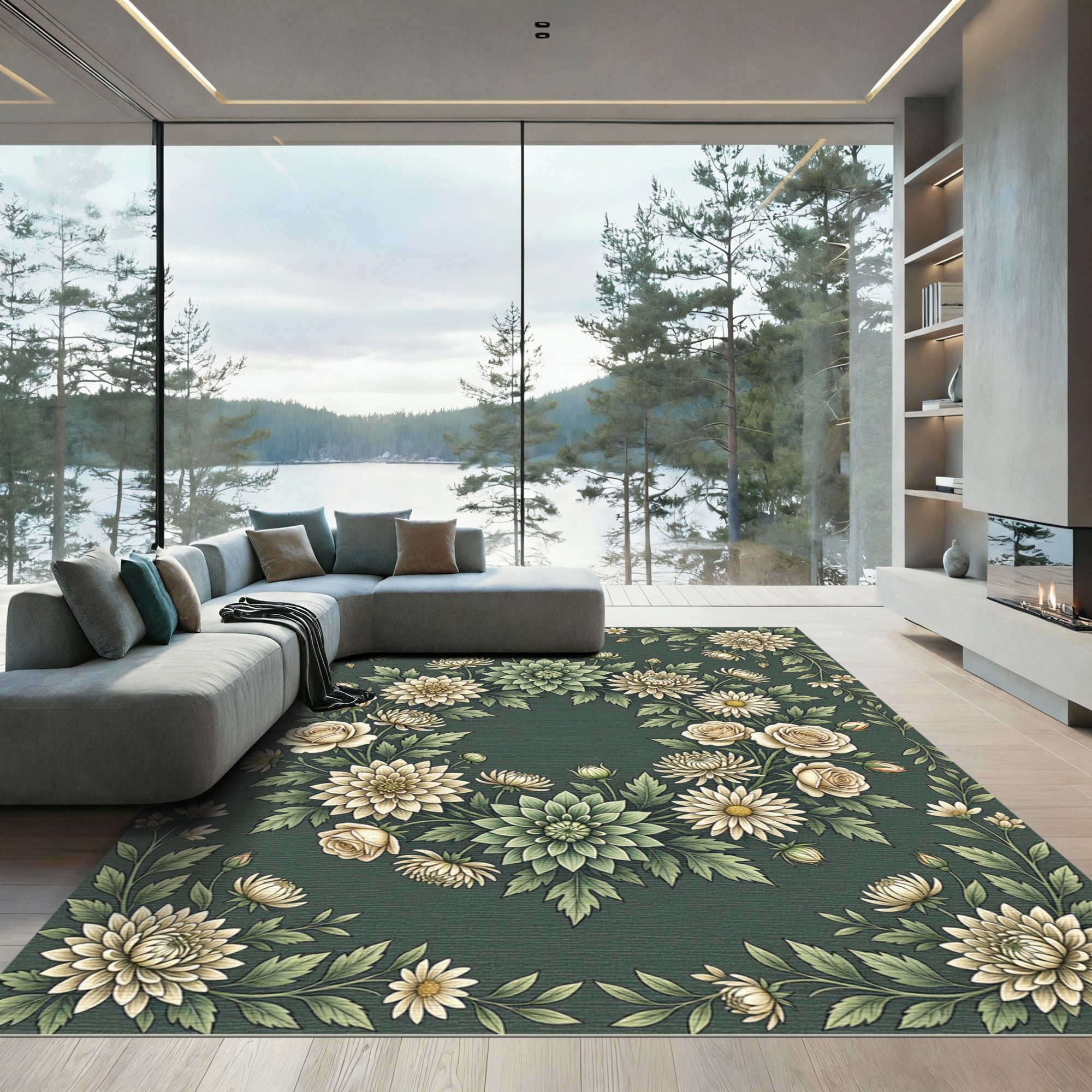 Elegant Sage Green Floral Wreath Rug