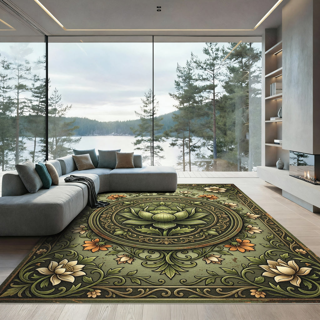 Sage Green Ornate Lotus Medallion Rug