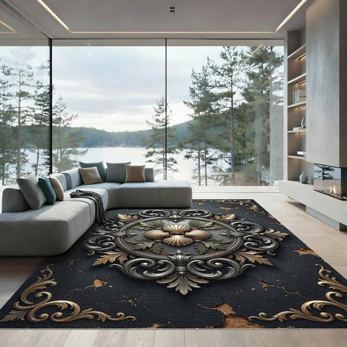 Baroque Shell Medallion Gold Silver Accent Rug
