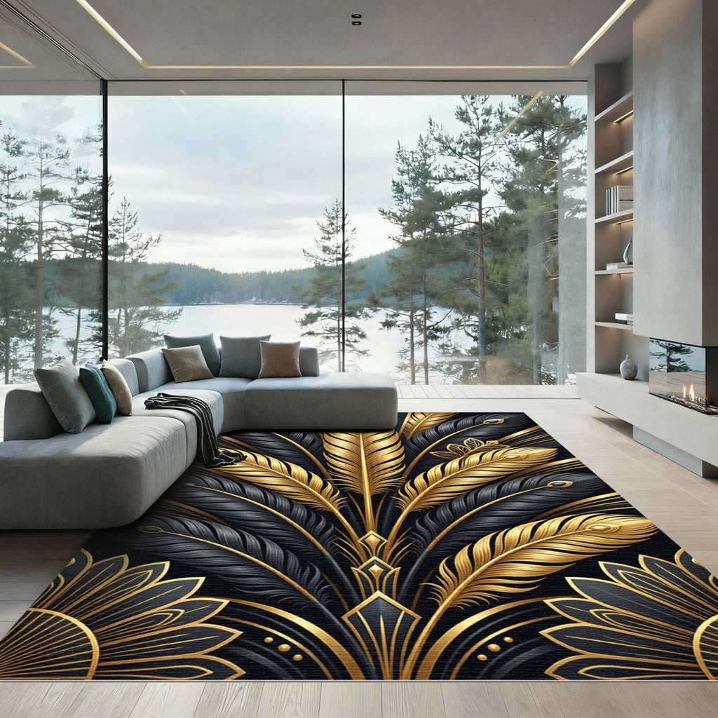 Elegant Black Gold Feather Radiance Rug