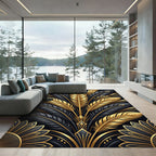 Elegant Black Gold Feather Radiance Rug
