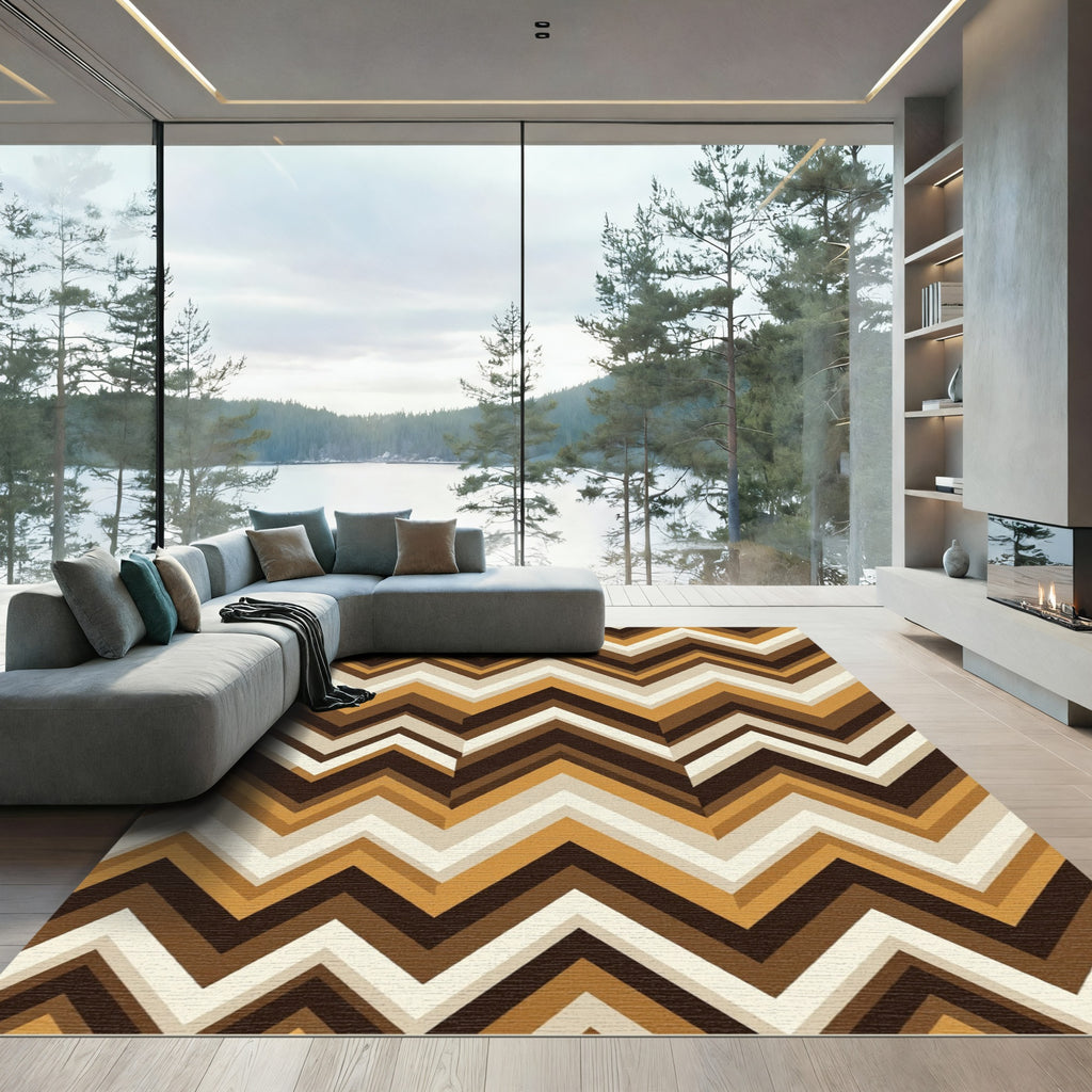 Mid-Century Brown Ochre Zigzag Chevron Rug