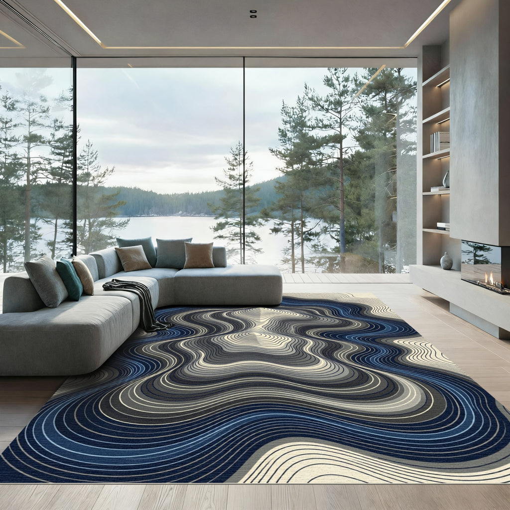 Modern Navy Blue Topographic Contour Wave Rug