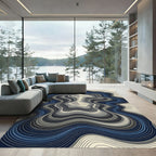 Modern Navy Blue Topographic Contour Wave Rug