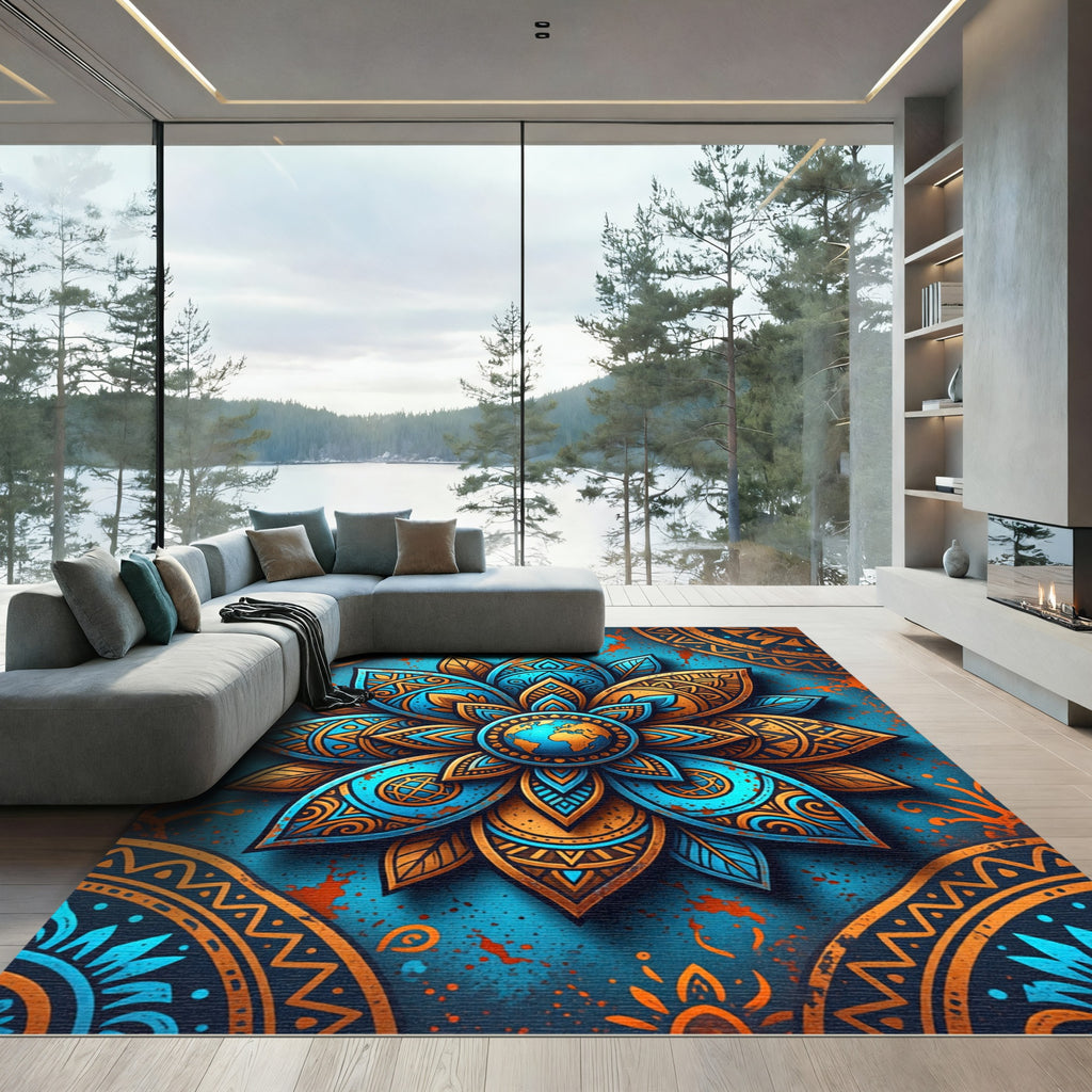 Vibrant Golden Azure Mandala Earth Globe Rug