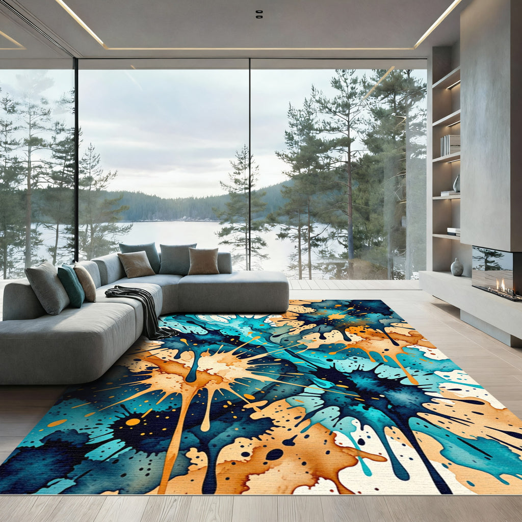 Vibrant Turquoise and Gold Ink Splash Rug