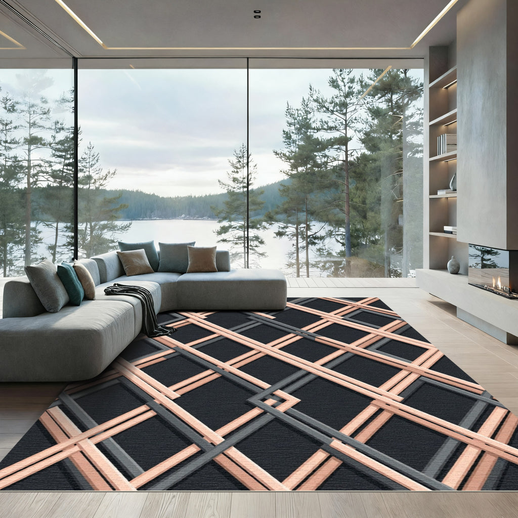 Modern Blush Peach Intersecting Grid Rug