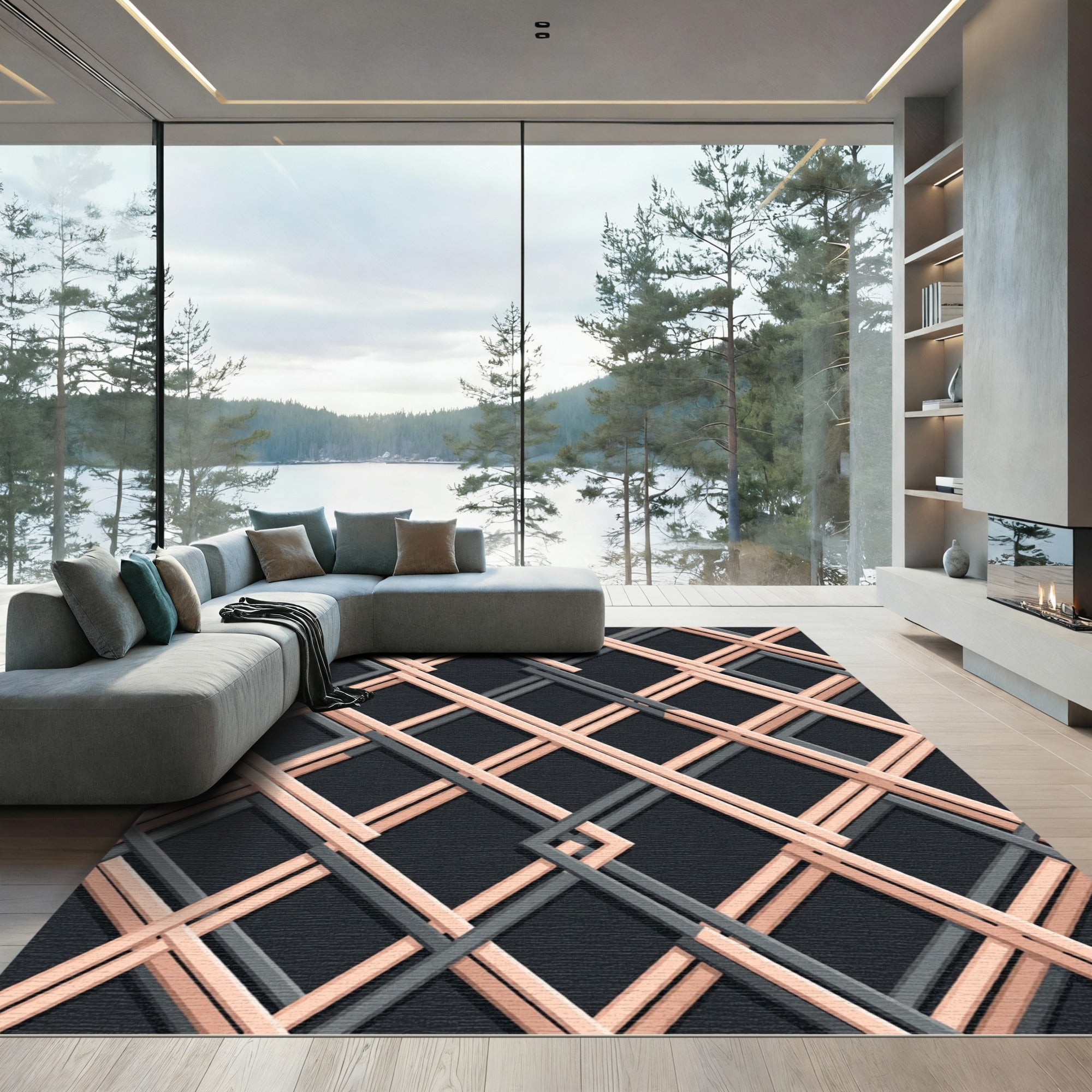 Modern Blush Peach Intersecting Grid Rug