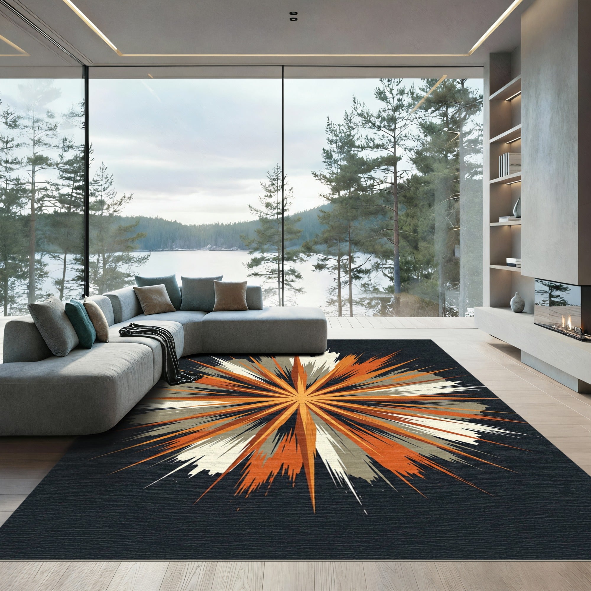 Vibrant Orange Burst Radial Art Rug