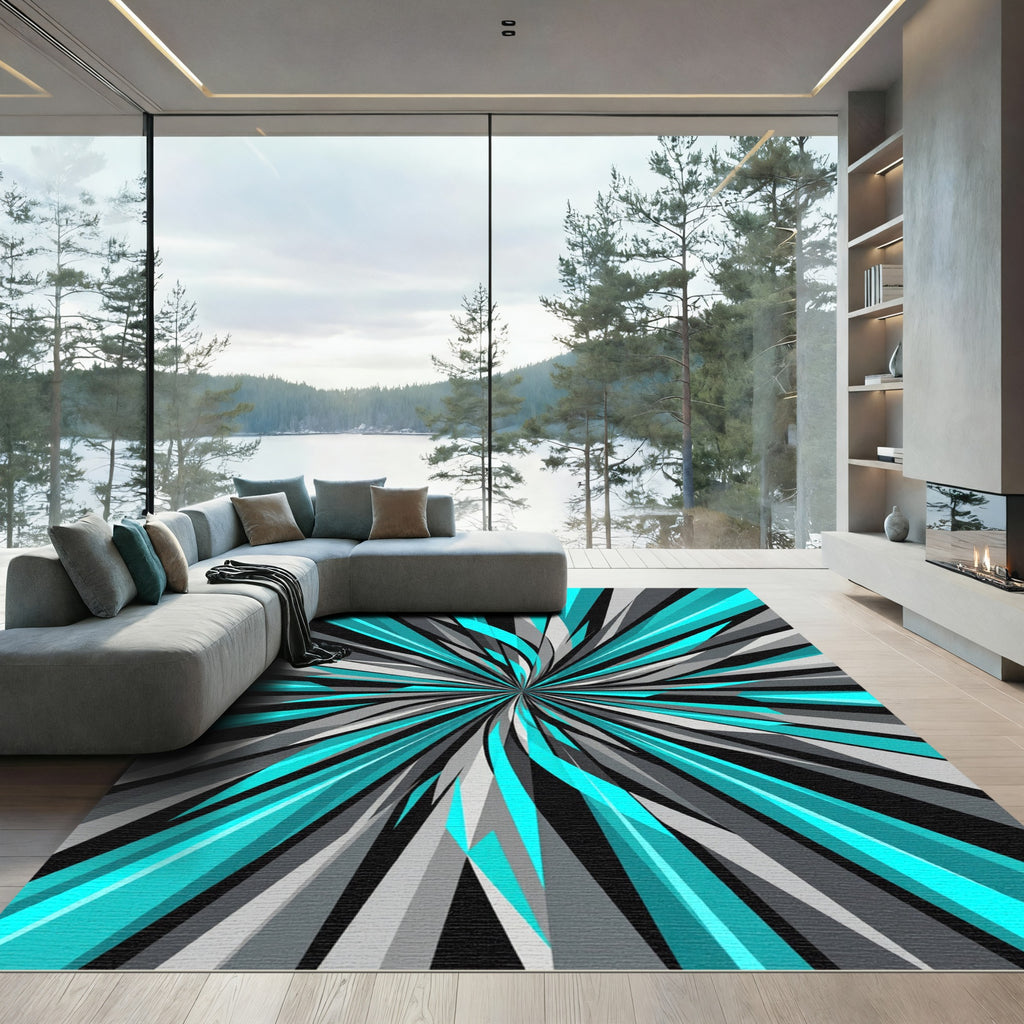 Electric Turquoise Radial Starburst Abstract Rug