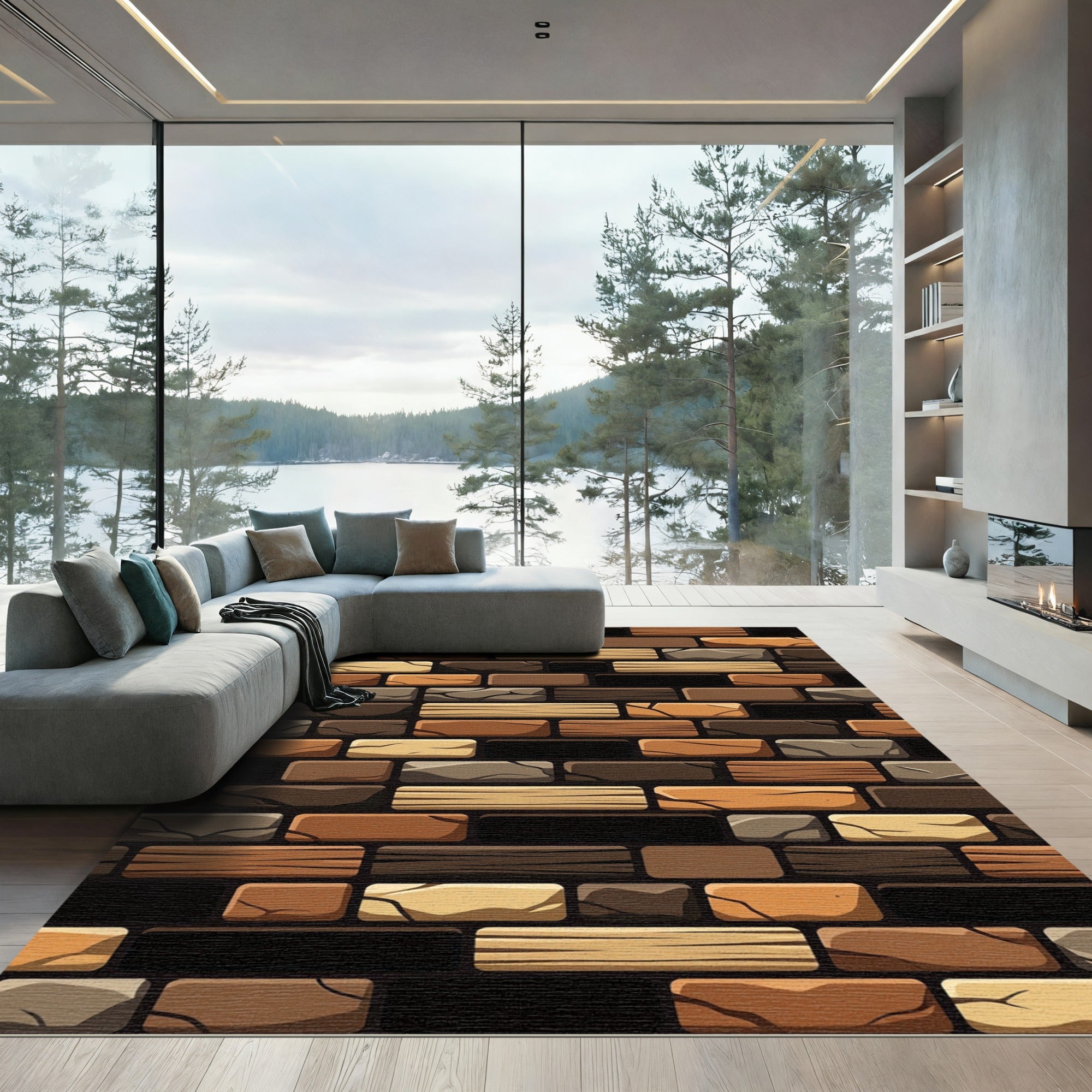 Earthy Tone Stacked Stone Wood Rug