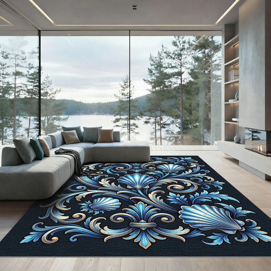 Ornate Blue Shell And Acanthus Scroll Rug