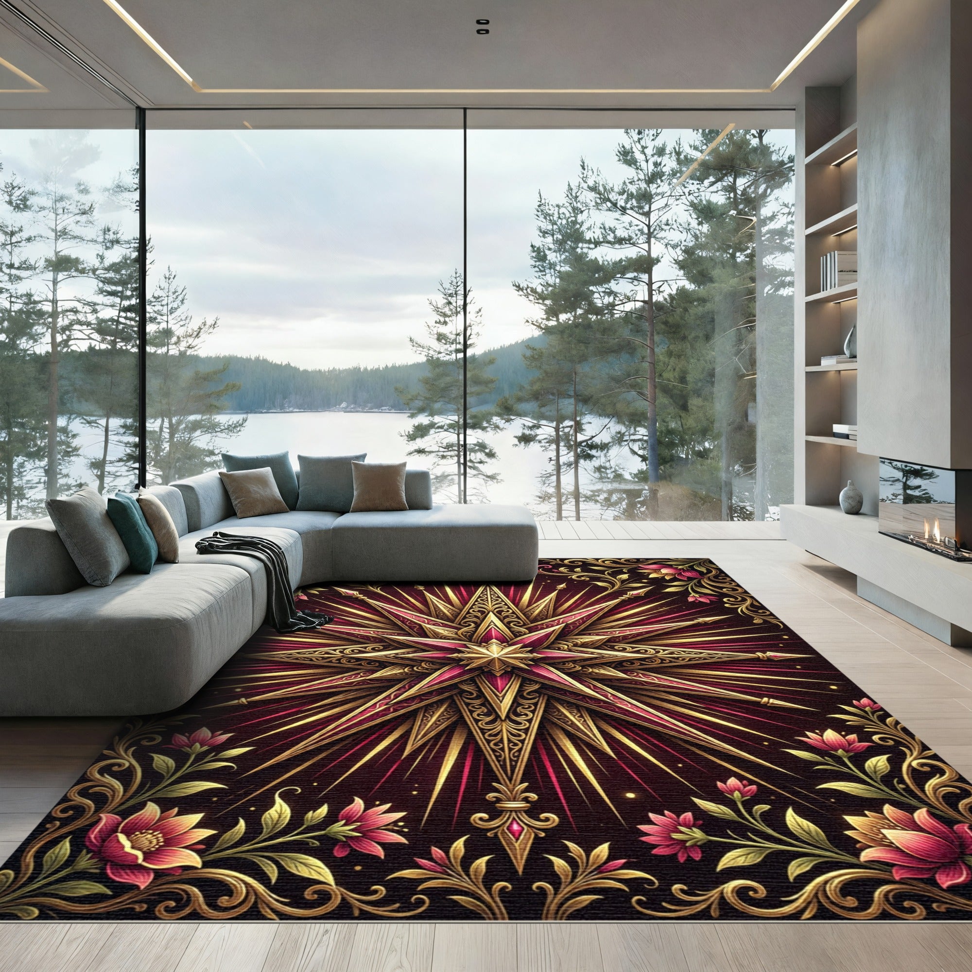 Gilded Crimson Filigree Star Floral Rug
