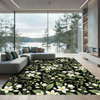 White Floral Vine Garden Black Rug