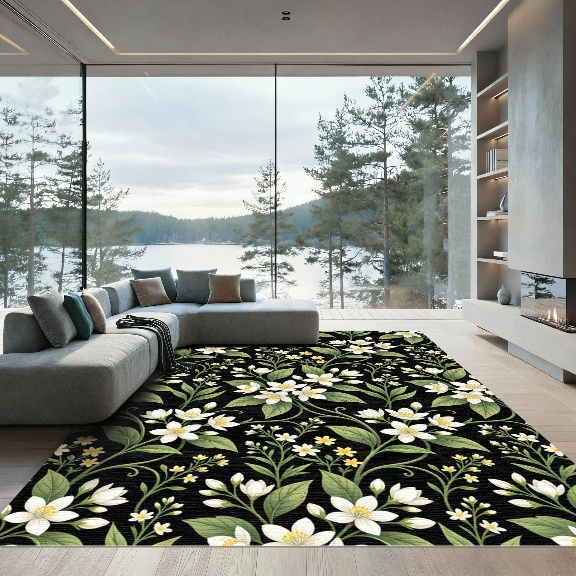 White Floral Vine Garden Black Rug