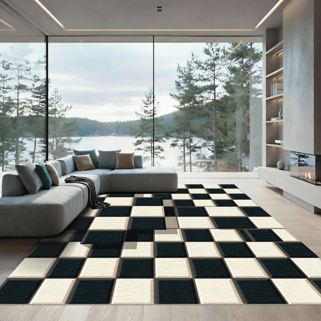 Monochrome 3D Checkered Grid Abstract Rug