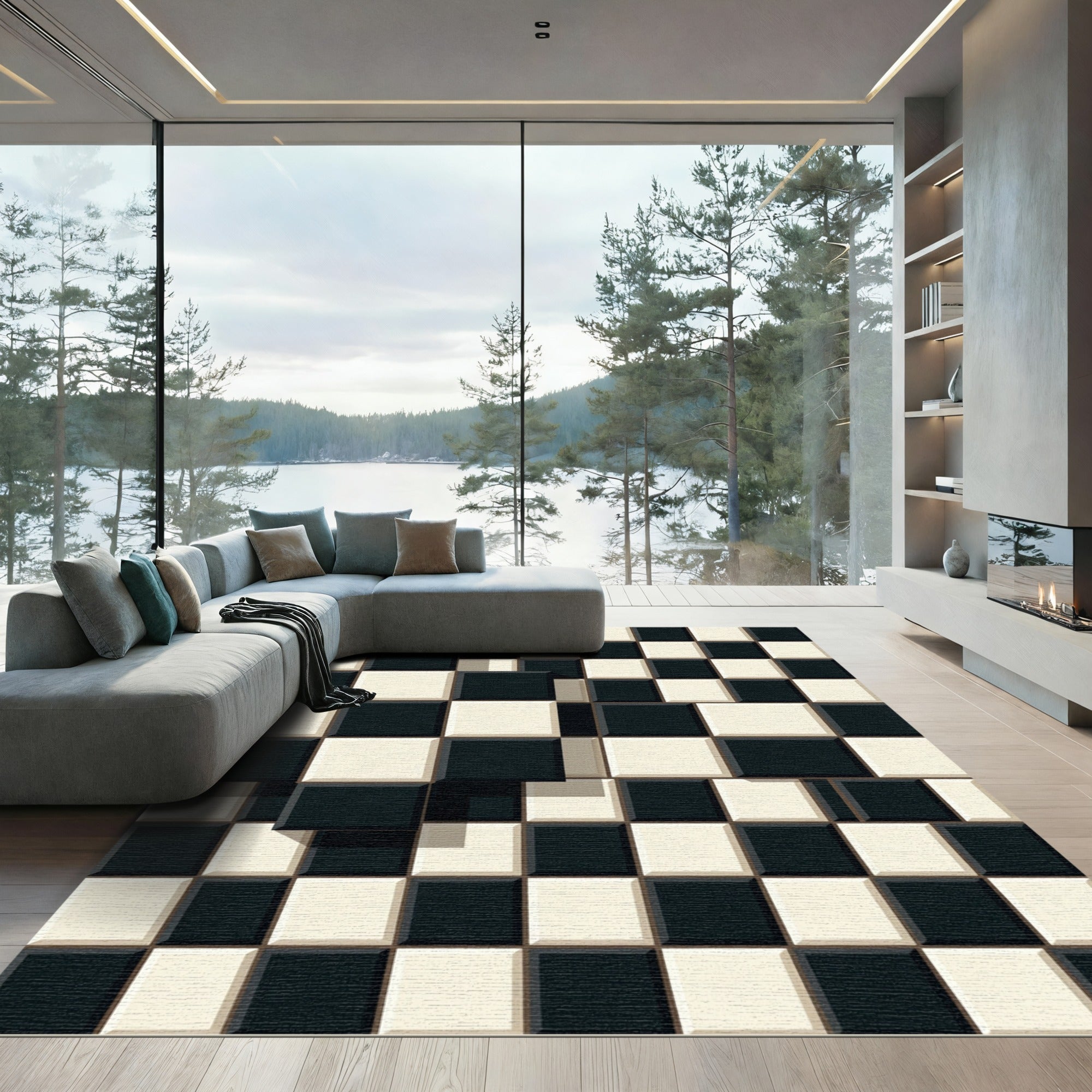 Monochrome 3D Checkered Grid Abstract Rug