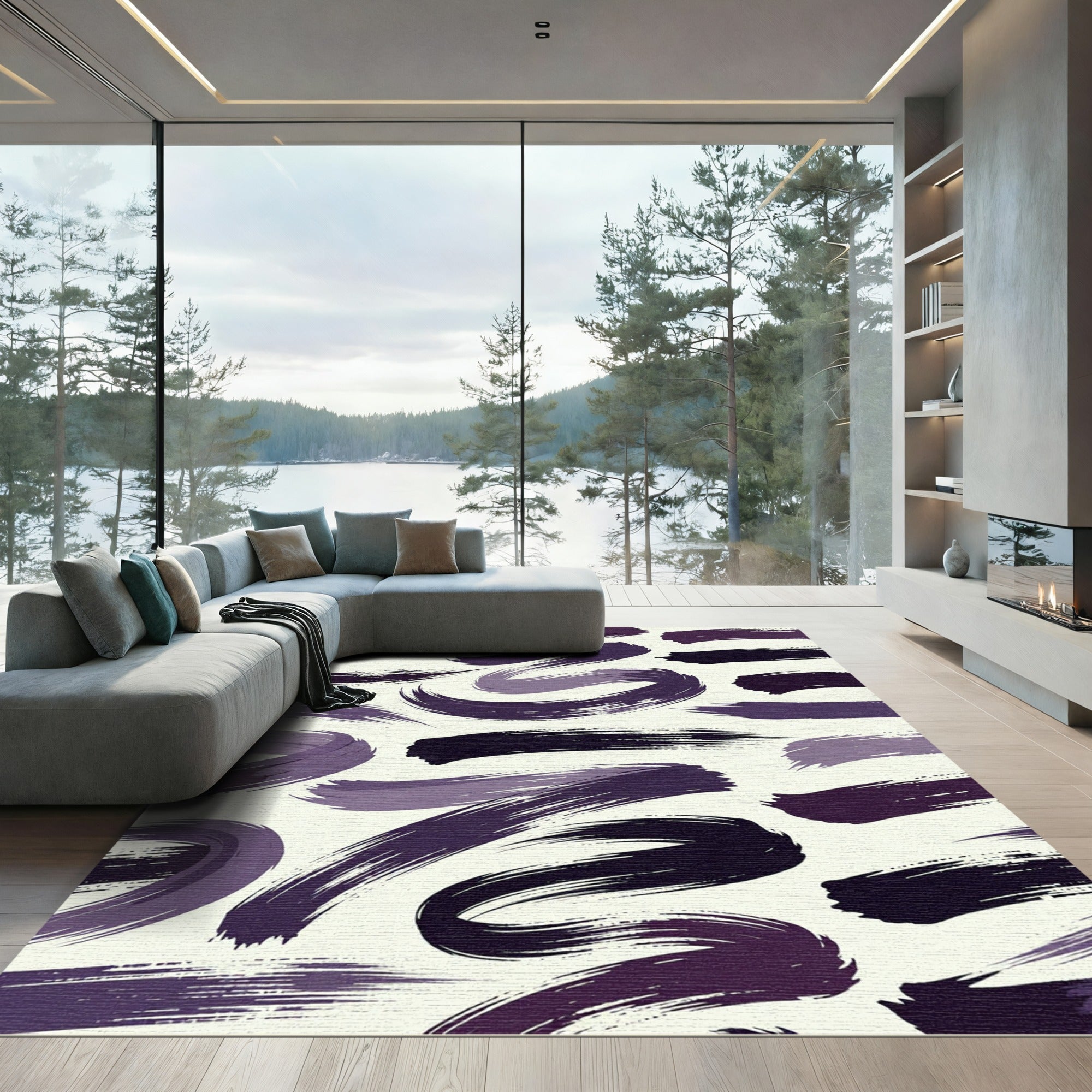Abstract Plum Brush Stroke Wave Rug
