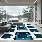 Modern Deep Blue Geometric Grid Rug