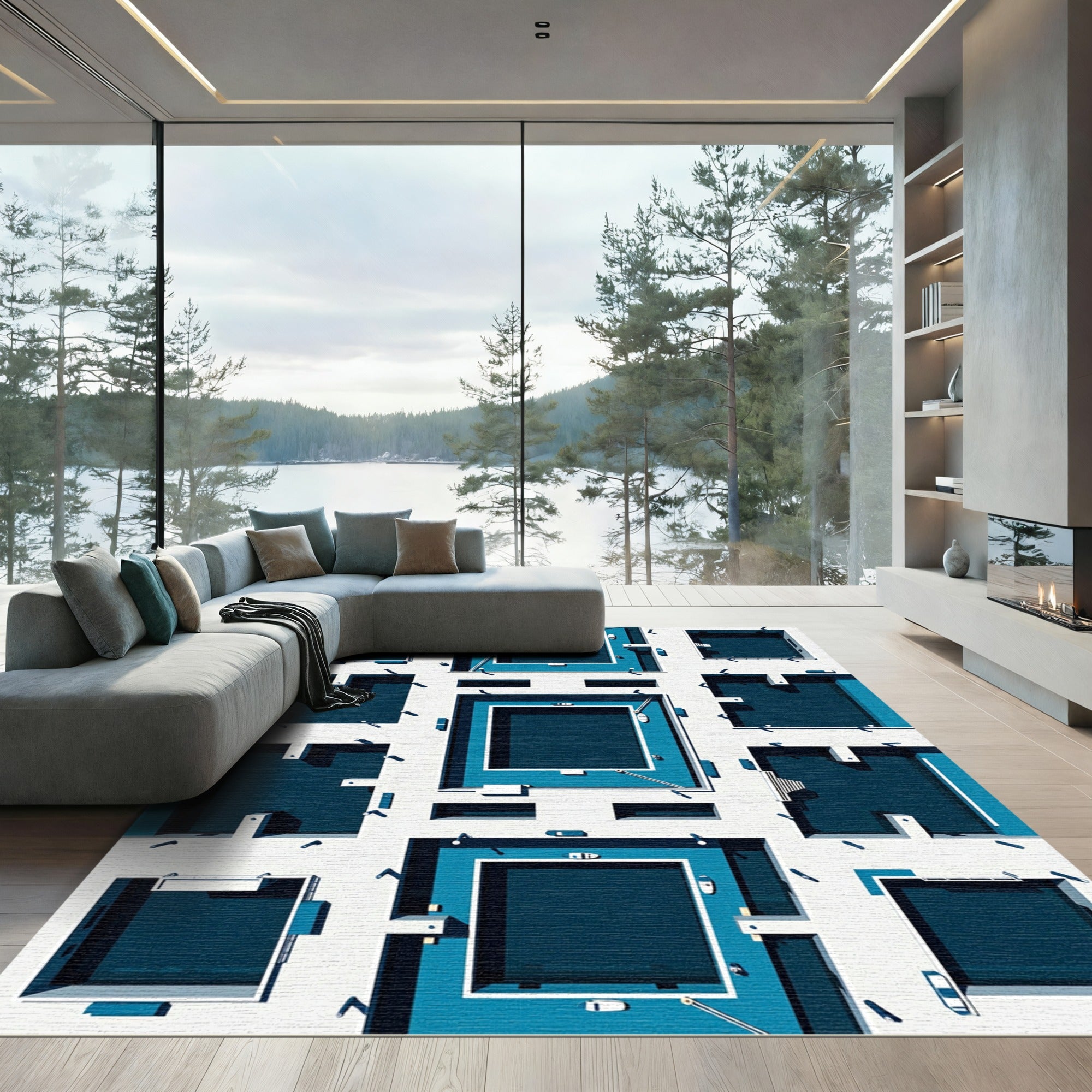 Modern Deep Blue Geometric Grid Rug