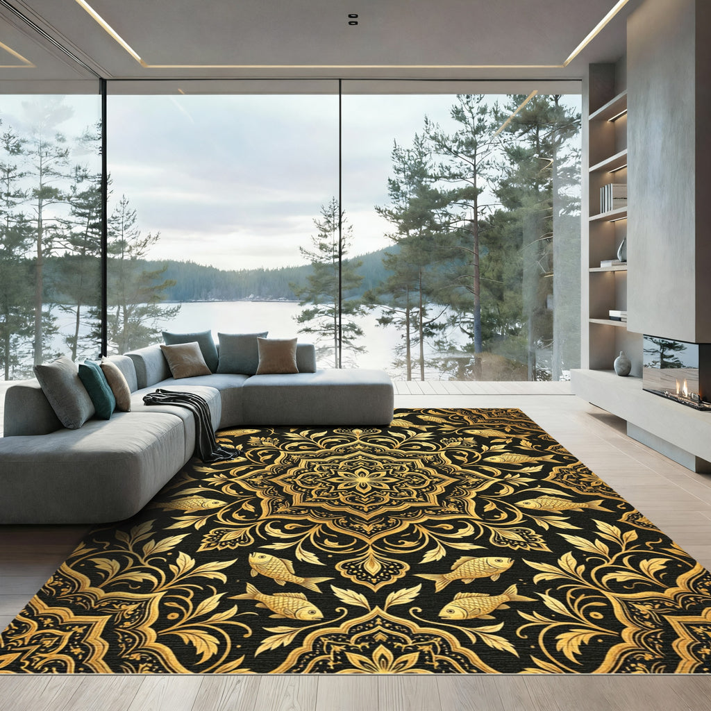 Golden Koi Fish Ornate Mandala Swirl Rug