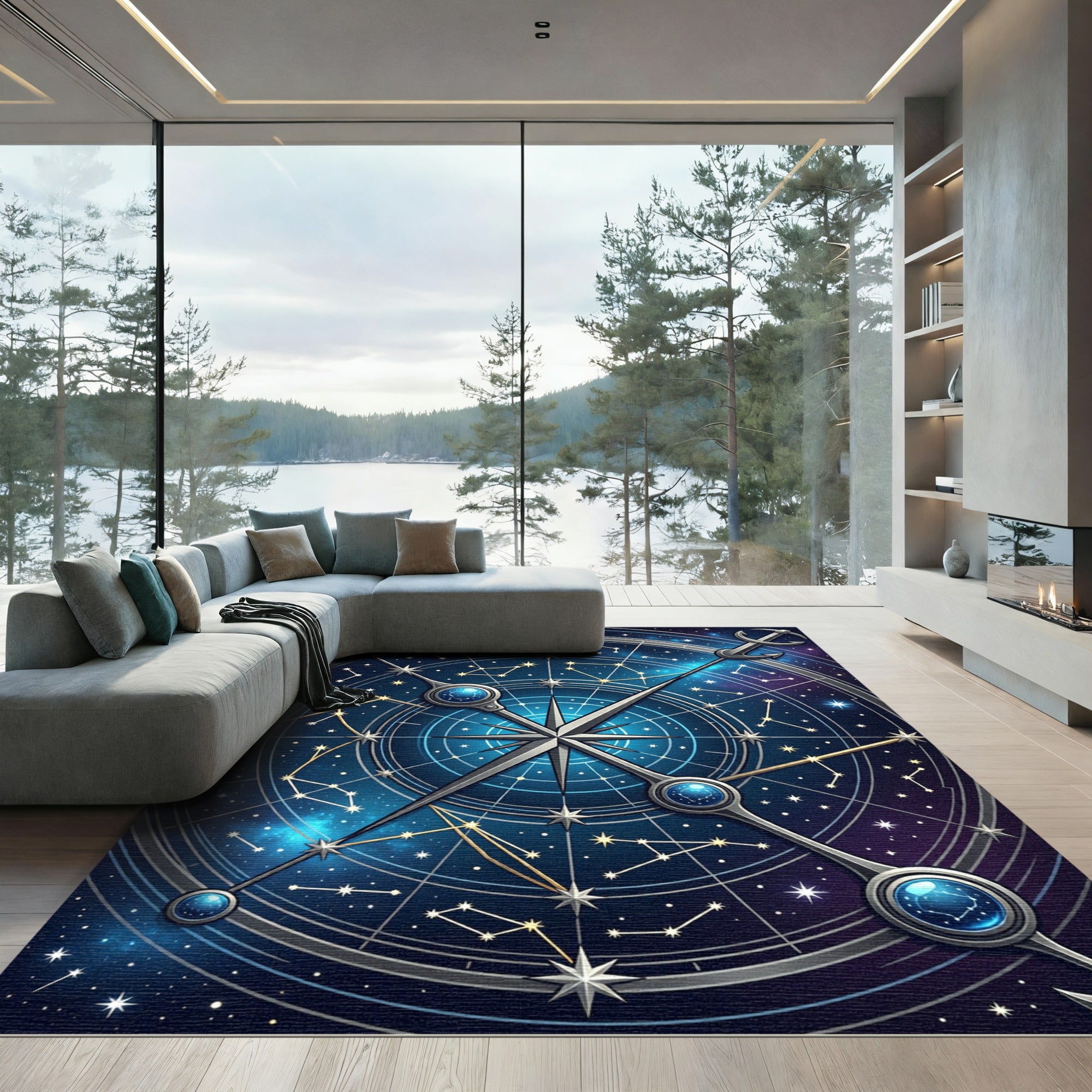 Celestial Navy Blue Starry Compass Rug