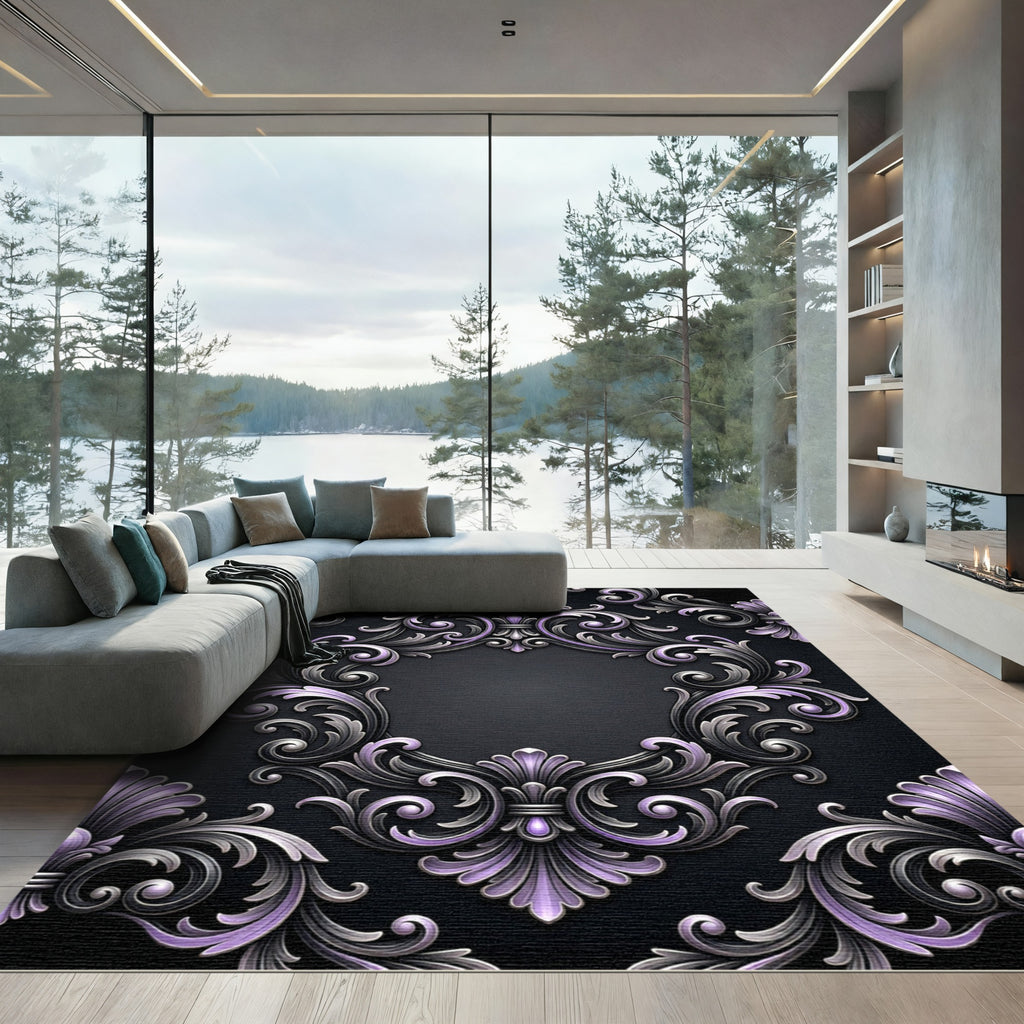 Ornate Silver and Lavender Damask Filigree Rug