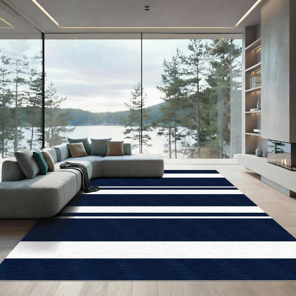 Modern Navy Blue Linear Striped Rug