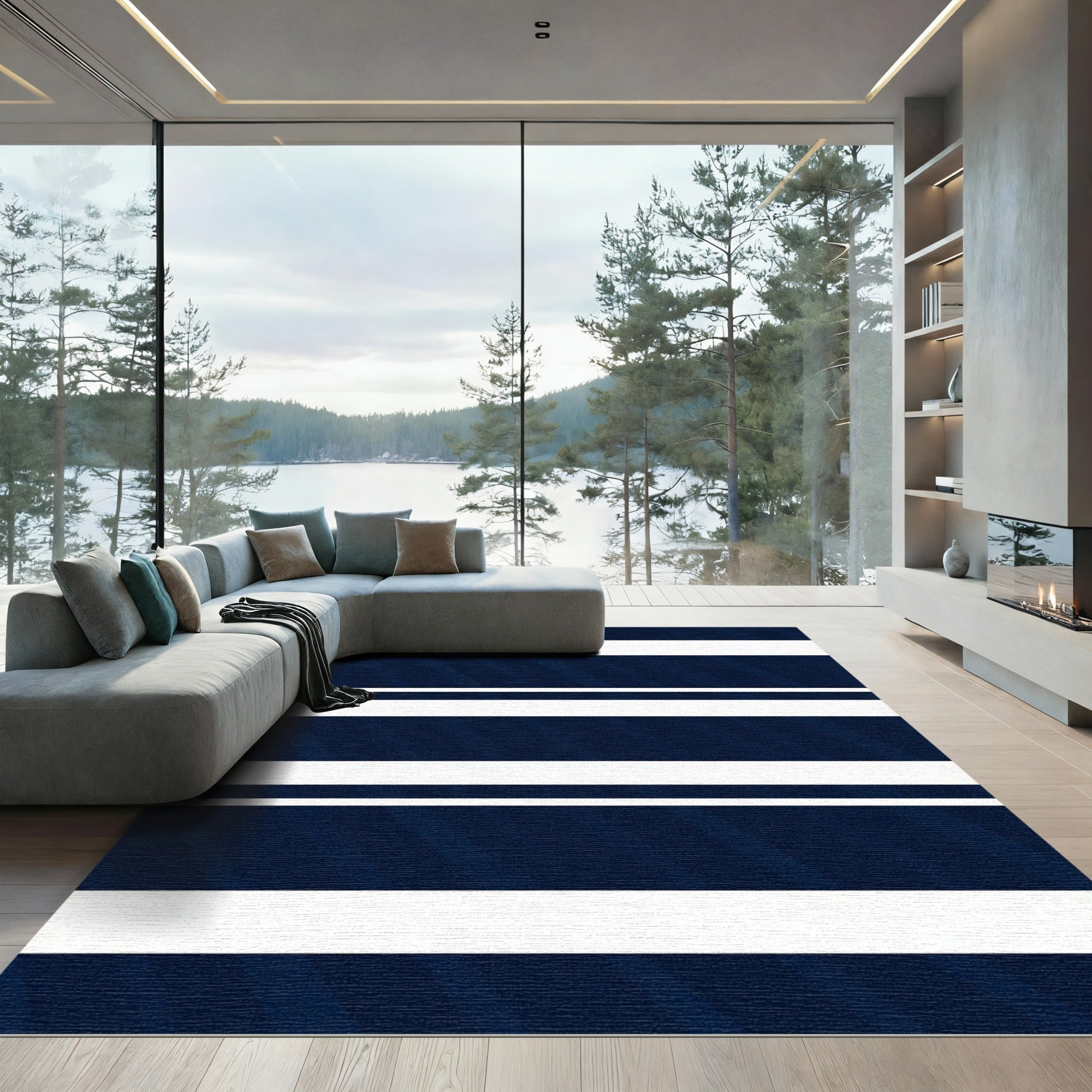 Modern Navy Blue Linear Striped Rug