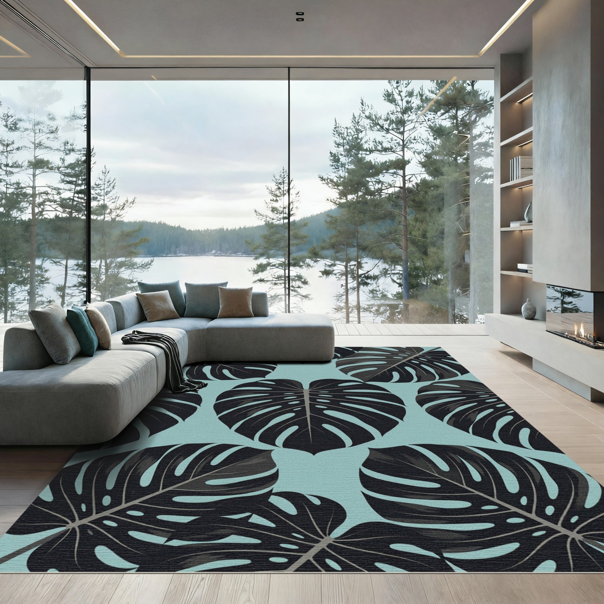 Lush Tropical Monstera Leaf Teal Rug
