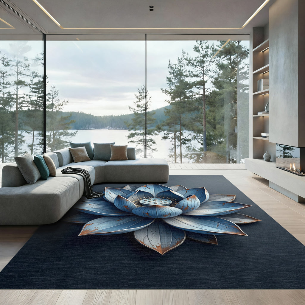 Distressed Blue Lotus Flower Rug