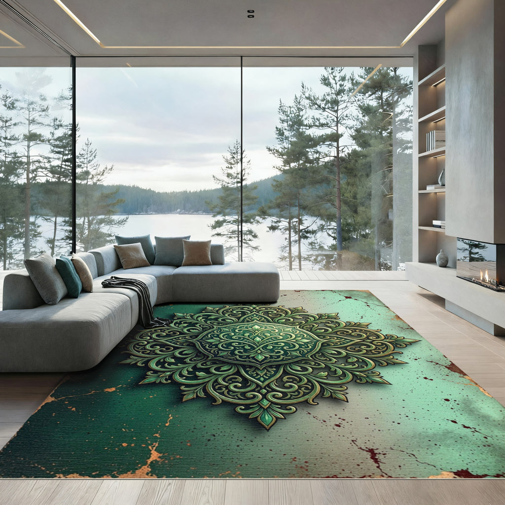 Elegant Emerald Filigree Scroll Medallion Art Rug