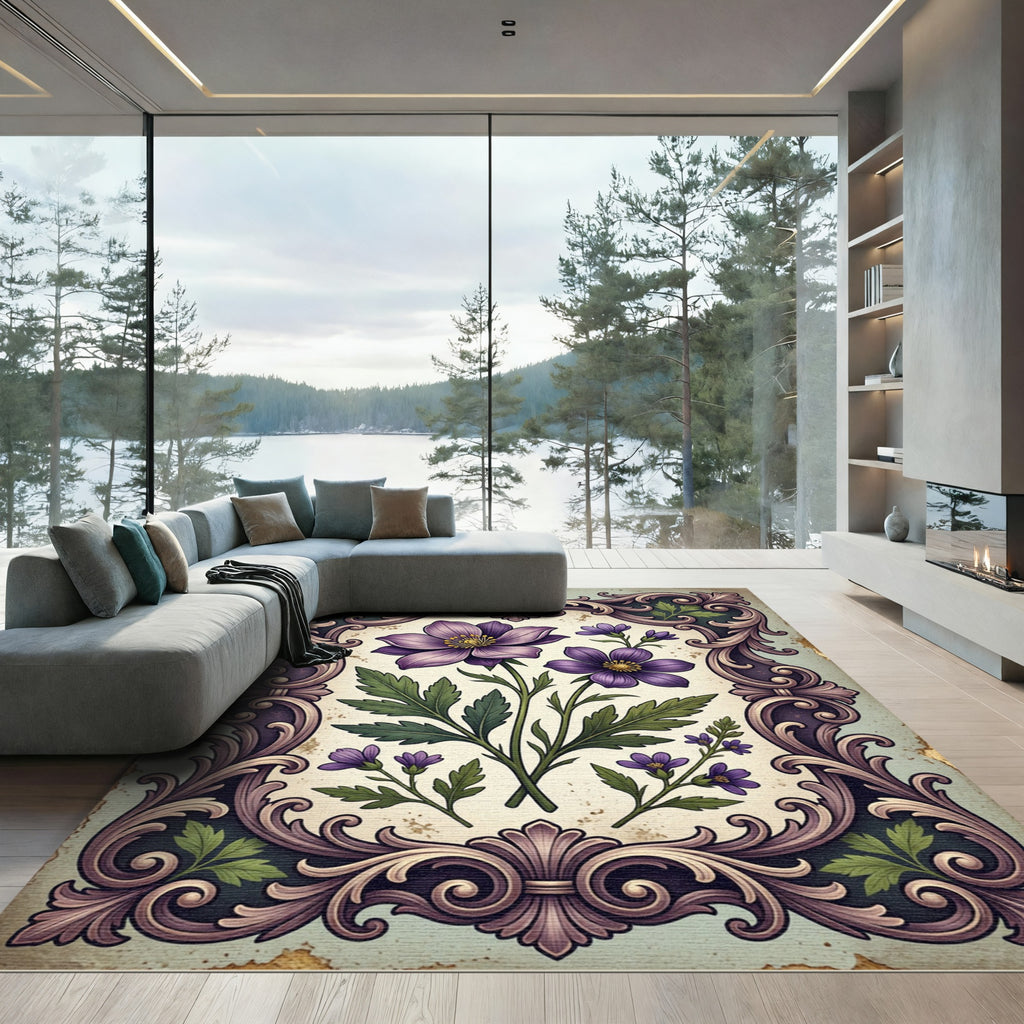 Antique Purple Botanical Floral Frame Rug