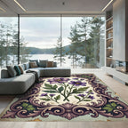 Antique Purple Botanical Floral Frame Rug