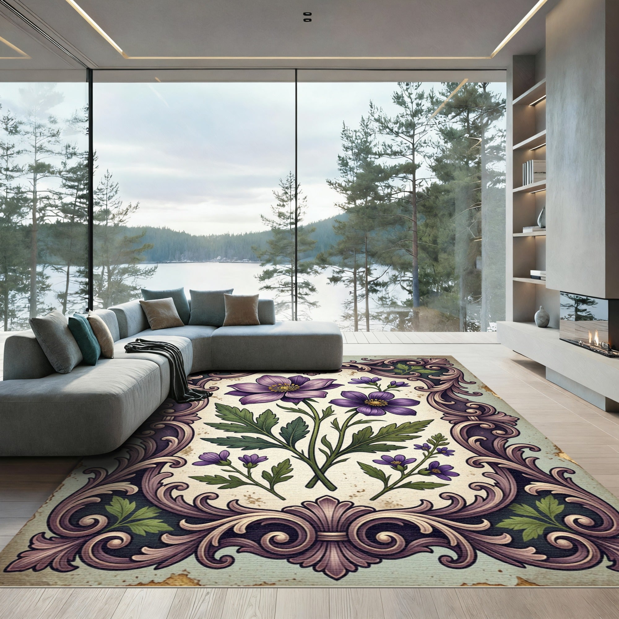 Antique Purple Botanical Floral Frame Rug