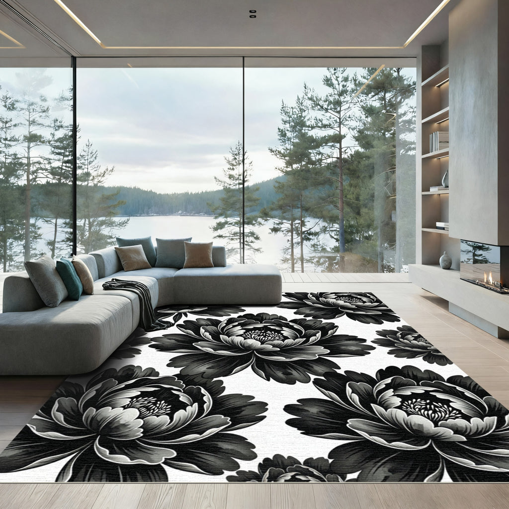 Monochromatic Black and White Peony Bloom Rug