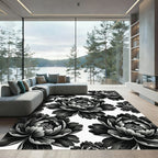 Monochromatic Black and White Peony Bloom Rug
