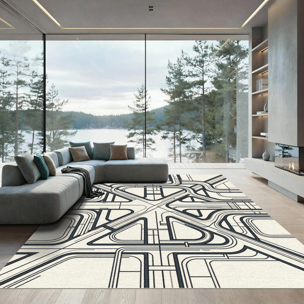 Minimalist Geometric Monochrome Linear Architecture Rug